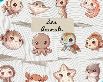 Sea Animals Clipart Bundle | Cute Ocean Animals PNG | Under the Sea Kids Clipart | Baby Sea Creatures | Nursery Clipart | Stickers | 300 DPI
