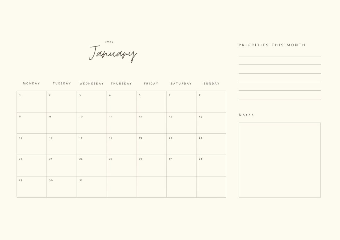 Printable Calendar 2024 Monthly Planner 2024 A4 Landscape Monday Start ...
