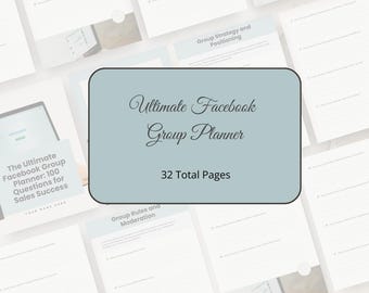 Op de afbeelding: Een blauwe en witte printbare planner voor Facebook-groepen. De planner heeft de titel "Ultimate Facebook Group Planner" en zegt "32 totale pagina's".