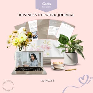 Puede incluir: Un portátil que muestra a una mujer trabajando, junto con una taza de café, un bolígrafo y una planta en maceta. La imagen incluye un diario con el texto "BUSINESS NETWORK JOURNAL" y "37-PAGES". El fondo es rosa pálido.