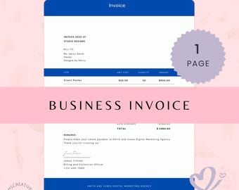 May include: A business invoice template with a blue header and footer, and a pink background. The invoice includes details such as invoice number, bill to, item, unit cost, quantity, and amount. The text "BUSINESS INVOICE" is prominently displayed.