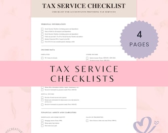 Pode incluir: Uma lista de verificação de serviços fiscais para contabilistas, com seções para informações pessoais, dados de renda e ativos financeiros. O documento inclui caixas de seleção e o texto "4 PAGES" em uma estrela roxa.