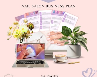 May include: A digital business plan template for a nail salon, with a laptop, documents, and a plant. The text reads "Nail Salon Business Plan" and "34 Pages". The image has a soft pink background with a coffee cup and pen.