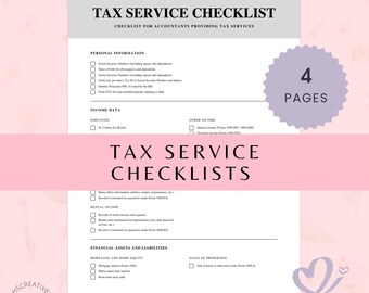 Pode incluir: Lista de verificação de serviços fiscais com títulos para informações pessoais, dados de renda e ativos financeiros. O documento inclui caixas de seleção e o texto "4 páginas".