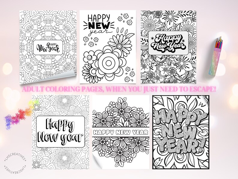 New Year Adult Coloring Pages Printable | 14 Relaxing Mindful Designs ...