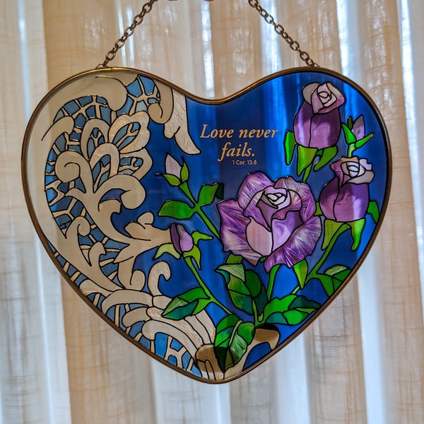 Vintage Joan Baker Stained Glass Window Hanging "Love Never Fails" / Heart-shaped Handpainted Floral Suncatcher