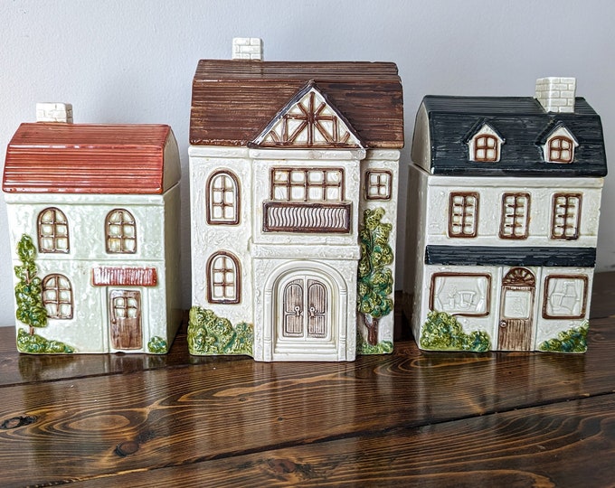 Vintage Set of Three Ceramic House Canisters by Otagiri Handpainted ...