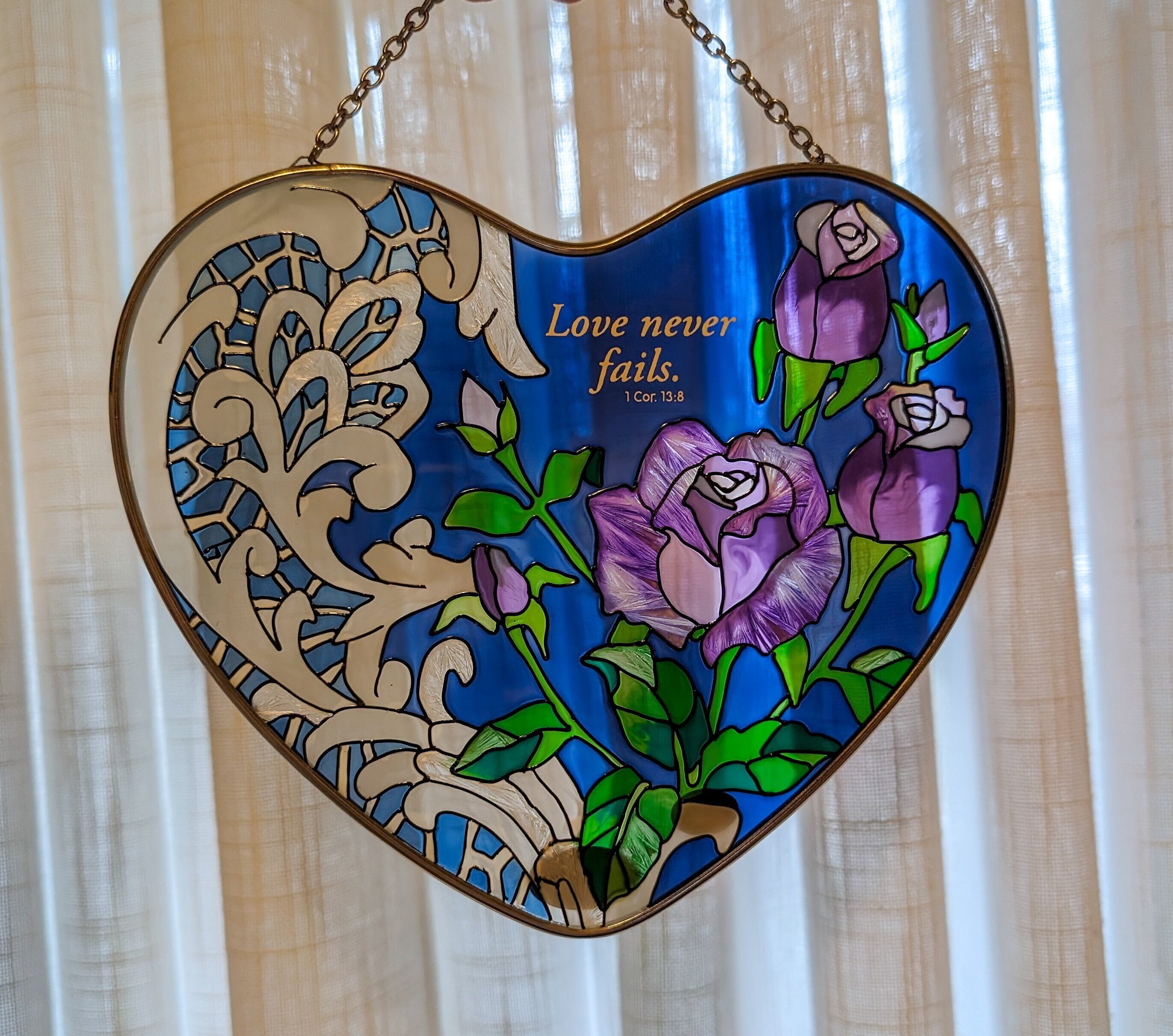 Vintage Joan Baker Stained Glass Window Hanging love Never Fails / Heartshaped Handpainted