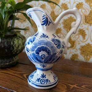 Handpainted Delft Blue and White Pitcher: Vintage Dutch Floral Vase