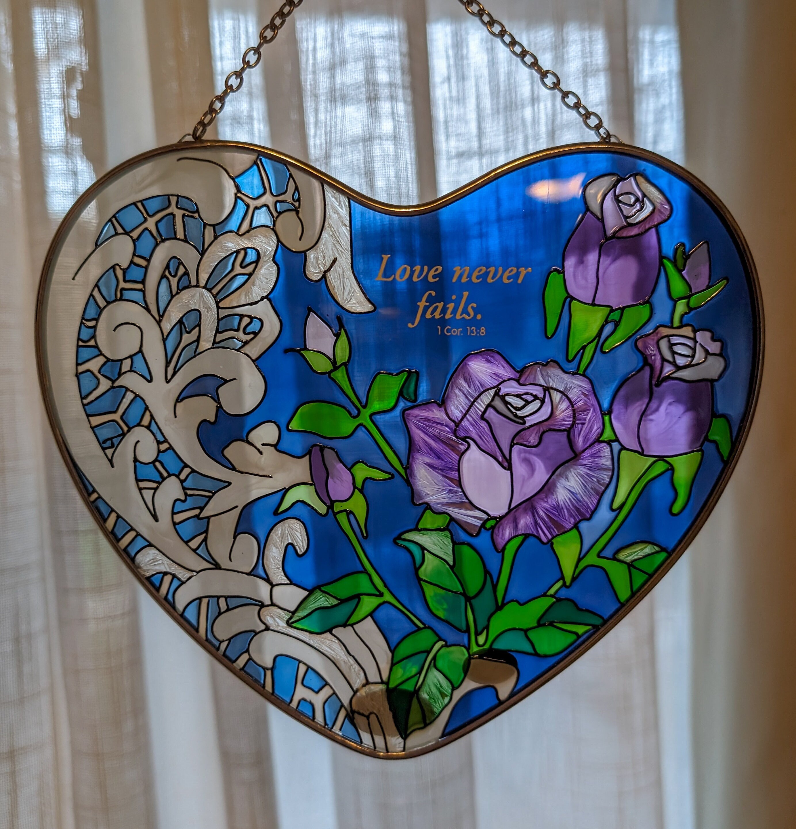 Vintage Joan Baker Stained Glass Window Hanging love Never Fails / Heartshaped Handpainted