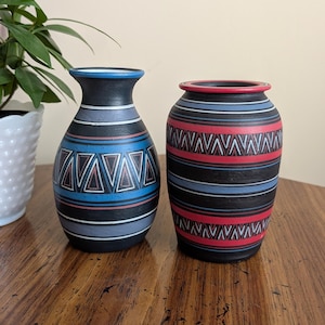 Handmade Redware Pottery Vases: Geometric Design, Signed Portuguese Studio Art