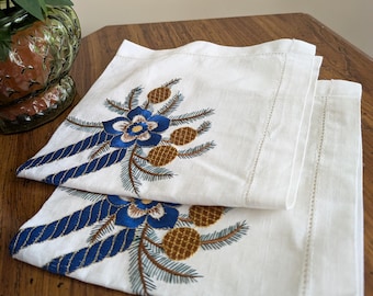 Embroidered Christmas Napkins: Holiday Candle Blue, 100% Cotton, Made in Greece