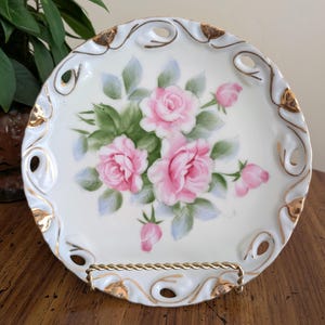 Vintage Porcelain Floral Plate / Wall Hanging / Hand Painted Roses with Gold Detailing / Pierced Edges