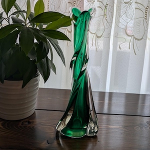 Vintage Art Glass Swung Vase Green and Clear Handblown Vase / 10 Inches Height