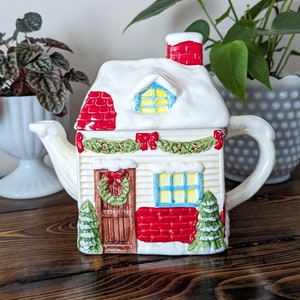 Vintage Ceramic Christmas Cottage Teapot