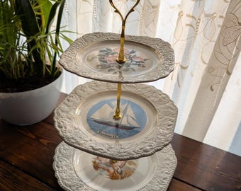 Vintage Lord Nelson 3-Tier Cake Stand: Bluenose II, Roses, Mallard Ducks