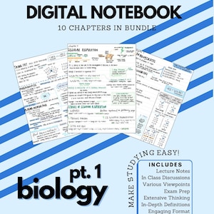 May include: Digital notebook bundle for biology, pt. 1, with 10 chapters. The image shows handwritten notes on cellular respiration, carbohydrates, and other topics. Includes lecture notes, exam prep, and in-depth definitions.