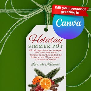 May include: A green gift tag with the words "Holiday Simmer Pot" in red script. The tag includes instructions and a watercolor illustration of oranges, cranberries, cinnamon sticks, and pine. The tag is tied with green twine.