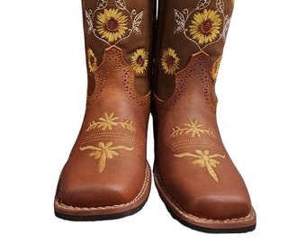 Genuine Leather Boots, Cowboy Boots, Kids Cowboy Boots, Western Boots, Party Boots, Embroidered Boots, Kids Square Toe, Sunflower Boots