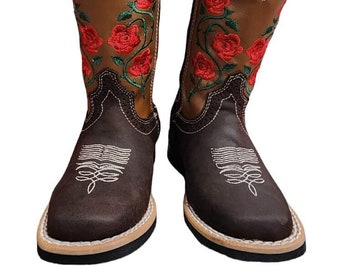 Genuine Leather Boots, Cowboy Boots, Vintage Cowboy Boots kids, Western Boots, Party Boots, Embroidered Boots, kids Square Toe, rose boots