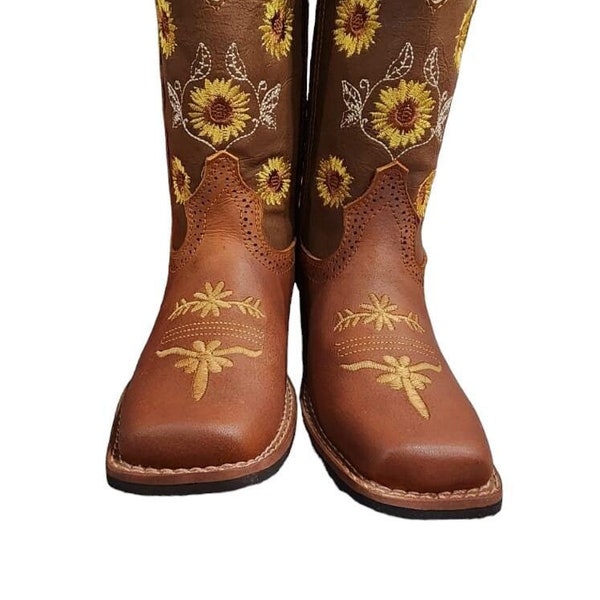 Genuine Leather Boots, Cowboy Boots, Kids Cowboy Boots, Western Boots, Party Boots, Embroidered Boots, Kids Square Toe, Sunflower Boots