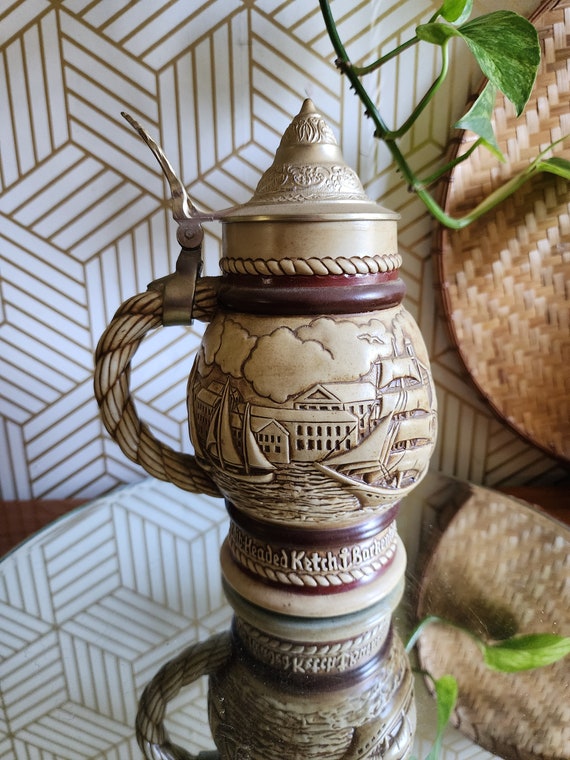 Vintage 1977 Ceramarte Brazil Avon Exclusive Pewter Lidded Stein With Ebbossed Sail Ship, Schooner Design