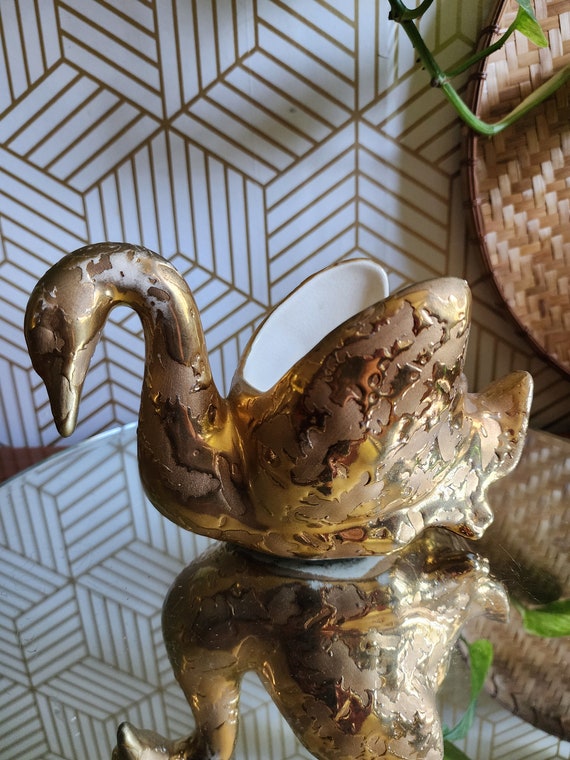 Vintage 22K Gold Ceramic Swetye Swan Vase Planter Frosted Gilt - Salem, OR