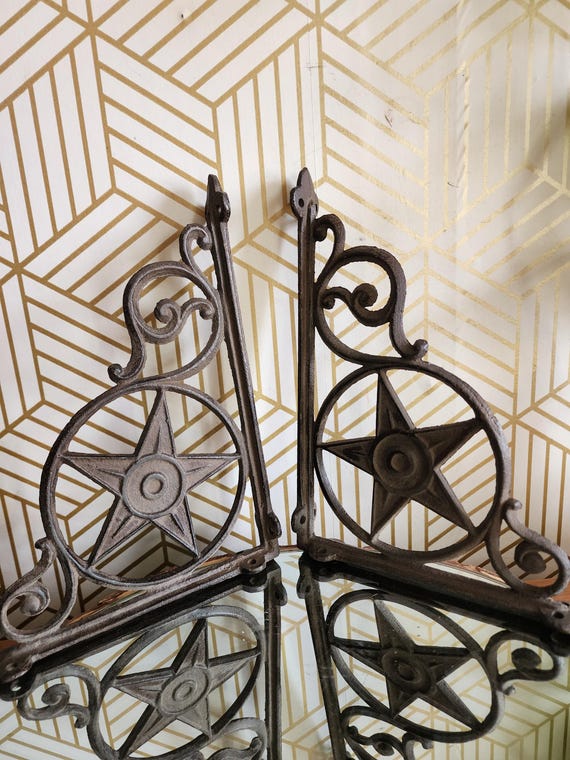 Vintage Pair Cast Iron Rustic Star Shelf Brackets