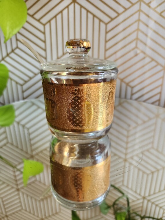 Vintage 22kt Culver Gold Jam/Honey/Condiment Jar with Slotted Lid and Spoon
