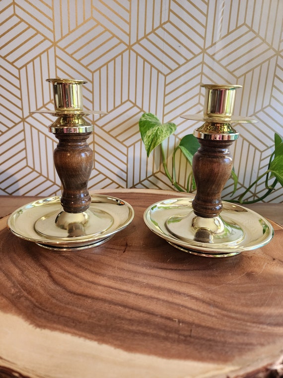 Pair of Vintage Homco Brass and Wood Candlestick Holders
