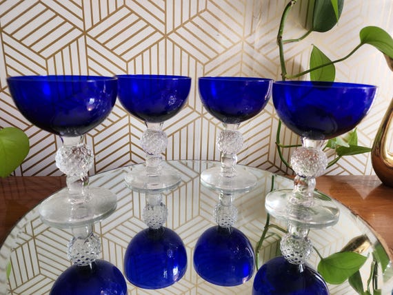 Set of 4 Morgantown Glass Co. Ritz Blue Golfball Claret Champagne Coupes