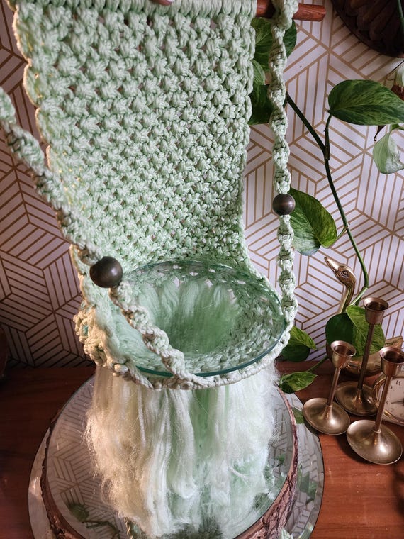 Vintage Mint Green Macrame Hanging Glass Shelf