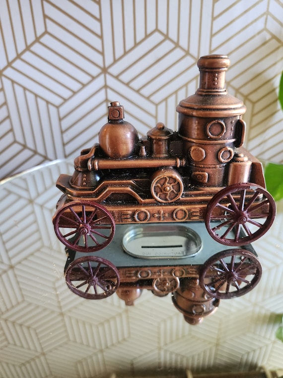 Vintage Banthrico Steam Fire Engine Copper Coin Bank - Chicago