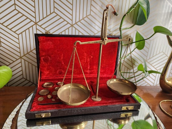Vintage Brass Jewelry Balance Scale with Velvet Box & Complete Weight Set