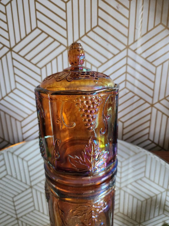 Vintage Indiana Marigold Carnival Glass Harvest Grapes Pattern Canister/Apothecary Jar