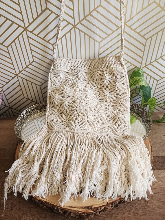 Vintage Boho Festival Beige Jute Macrame Crochet H