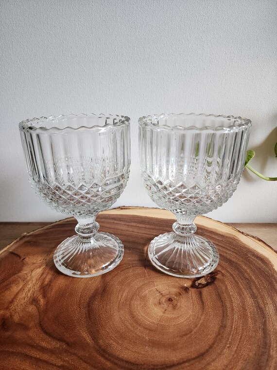 Pair of Vintage Pressed Glass Water Goblets Diamond Point Pattern