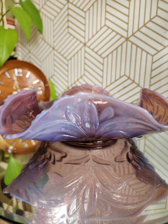 Vintage Fenton Amethyst Opalescent Waterlily & Cattails Folded Bowl