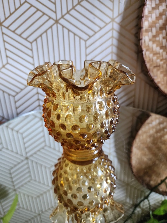 Fenton Honey Amber Hobnail Double Crimped Vase - Candleholder. 4.5"