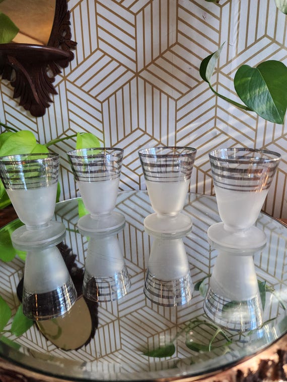 Vintage Silver Rimmed Frosted Satin Shot/Bar Glasses Set of 4