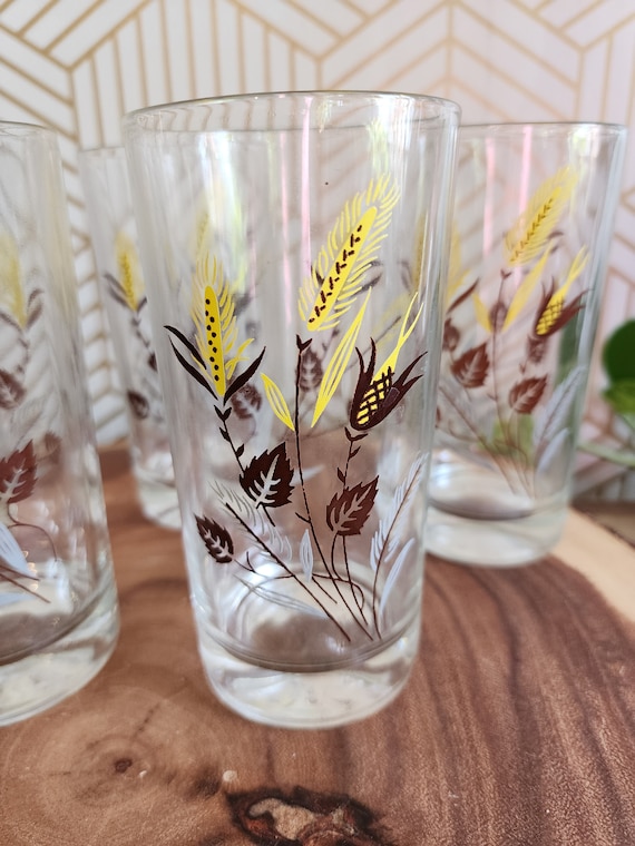Set of 5 Taylor Smith & T Yellow and Brown Wheat Glasses 5.5"