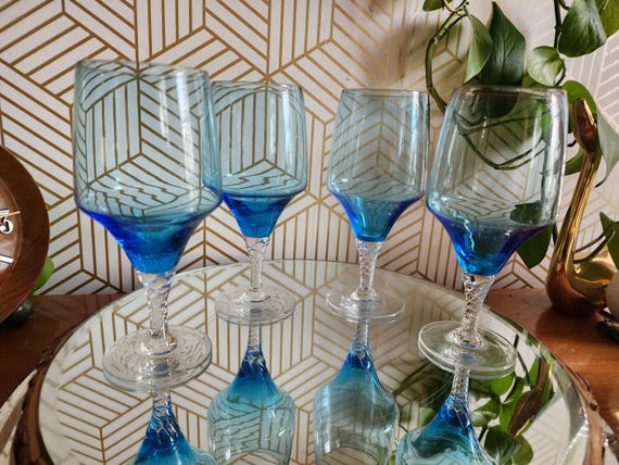 Vintage Japanese Sasaki Blue Twisted Stem Wine Glasses Set of 4