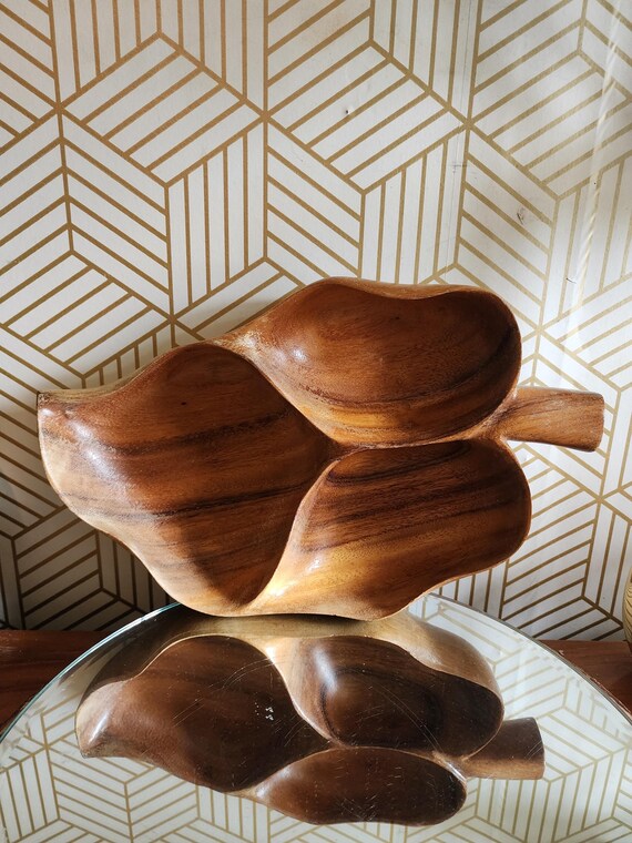 Handmade Vintage Leaf Shaped 3 Cup Monkey Pod Divided Tray|| Made in Philippines