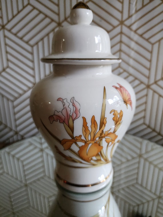 Vintage Satsuma Porcelain Lidded Ginger Jar  Iris Butterfly Orange Gold Trim