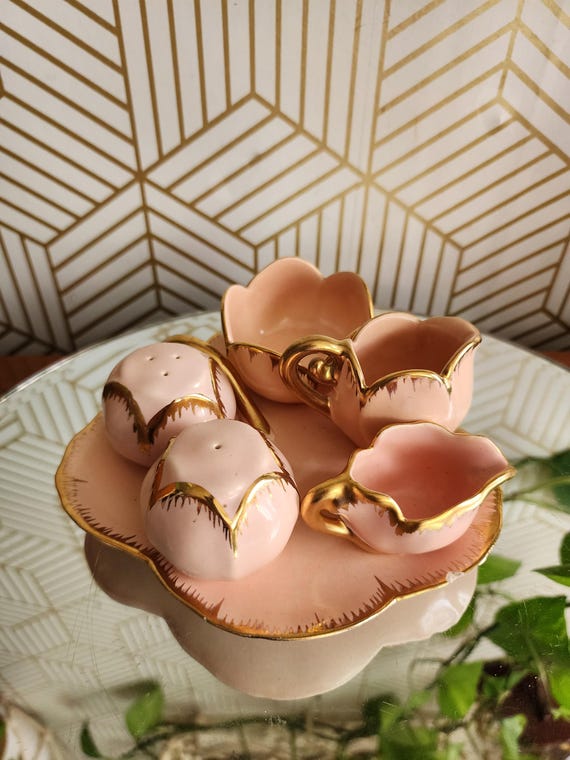 Vintage Vallona Starr Pink and Gold Small Tea Set | Atomic Retro | Salt & Pepper | Cream Sugar | Miniature Tea Set