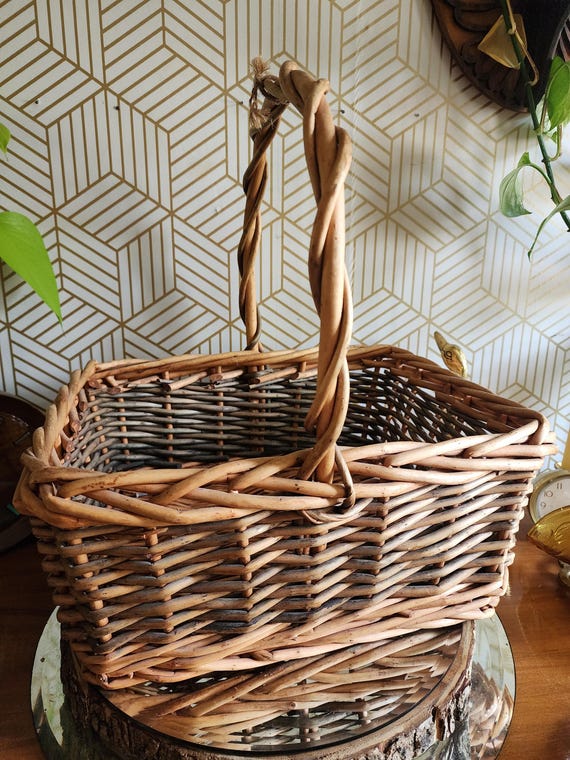 Vintage Woven Bamboo Gathering Basket With Handle