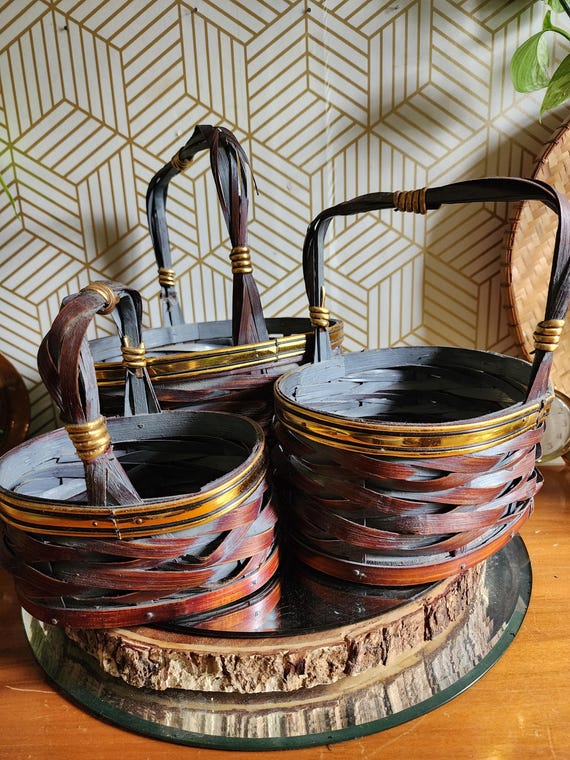 Vintage Set of Nesting Wicker Bamboo Baskets With Handles