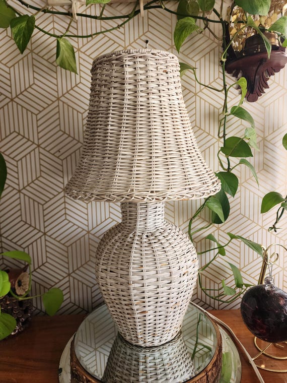 Mid-Century Coastal Boho Chic White Wicker Table Lamp and Shade