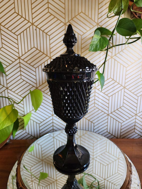 Vintage Large Indiana Glass Tiara Cameo Black Diamond Point Pedestal Lidded Apothecary Jar/Urn 16"