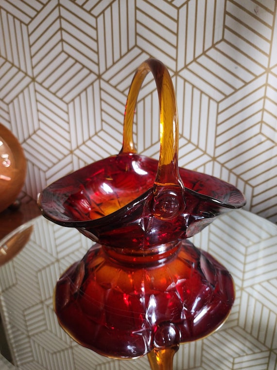 Vintage Indiana Tiara Glass Amberina Sunset Constellation Basket Bowl With Handle - GLOWS